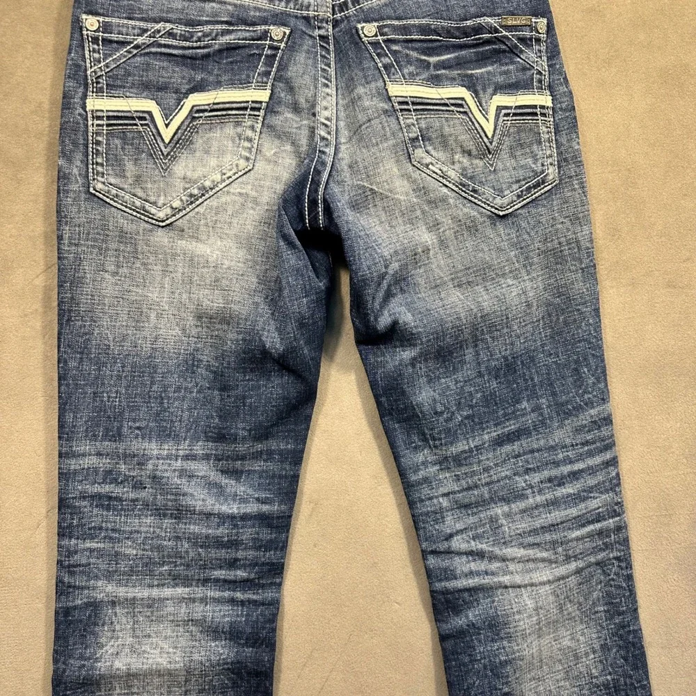 Salvage Jeans Women Blue Distressed Whiskered Contrast Stitch Size 27 Buckle